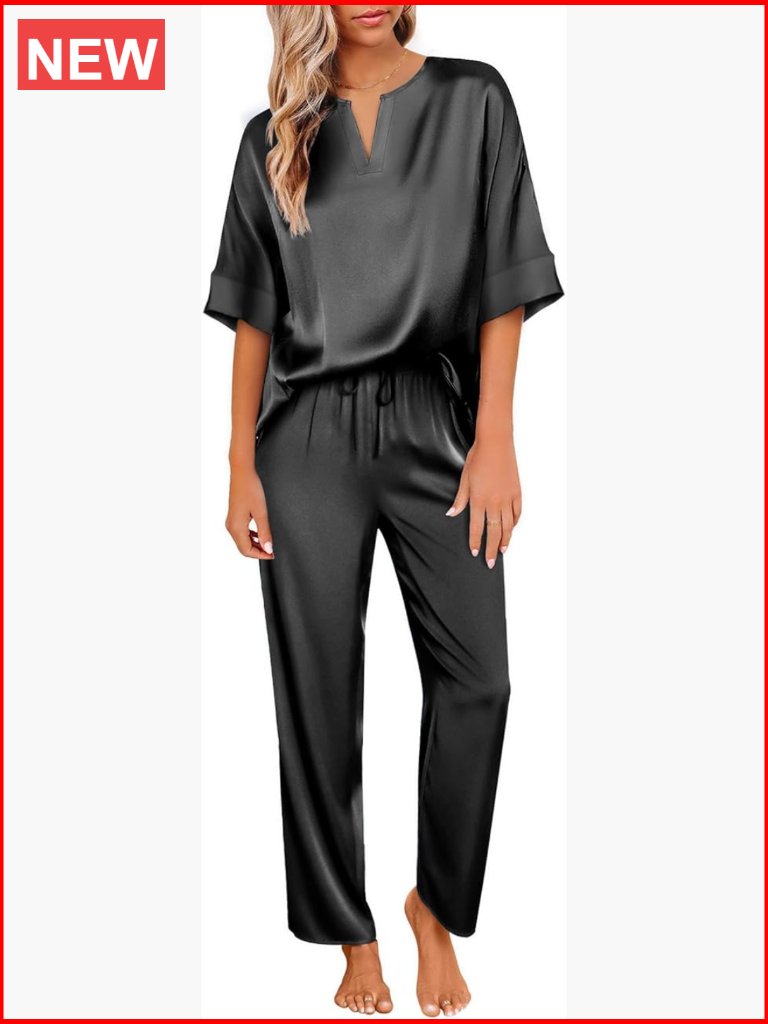Satin Pajama Set Women Silk Short Sleeve V Neck Top Long Pant Loungewear Pjs Set